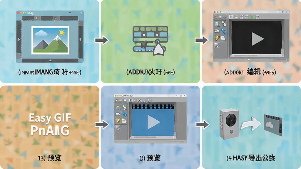 一张展示电脑屏幕上Easy GIF Animator软件操作步骤的流程图解,画面分为五个步骤区域,分别显示导入图片、编辑帧、添加文字、预览、保存导出,每个步骤配有简洁的图标和文字标注,风格扁平化信息图,配色清爽,画质高清,干净无多余元素