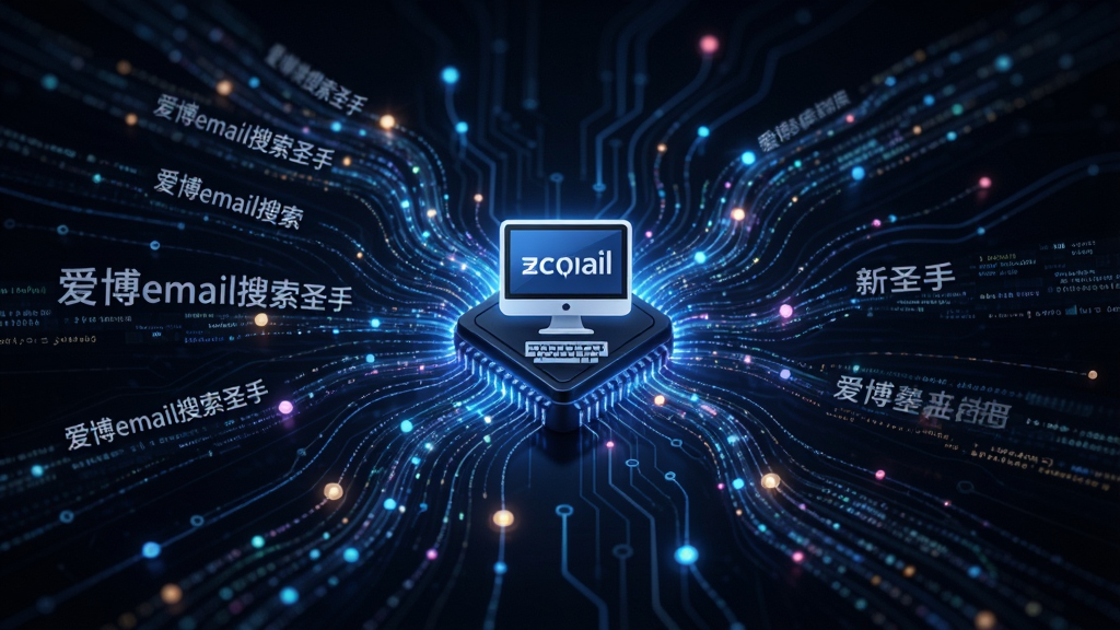 AI生图,主体是多条数据流从不同方向汇聚到中央的电脑图标中,布局为放射状汇聚构图,风格为科技感数据流风格,细节包括“爱博email搜索圣手”字样和闪烁的数据节点,画质高清,干净,无多余元素
