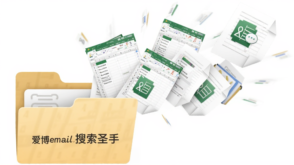 AI生图,主体是一个文件夹图标打开后飞出多张表格和文档,布局为文件夹在左下角,文档向右上角飘散,风格为简洁办公风格,细节包括“爱博email搜索圣手”文字和Excel表格图标,画质高清,干净,无多余元素