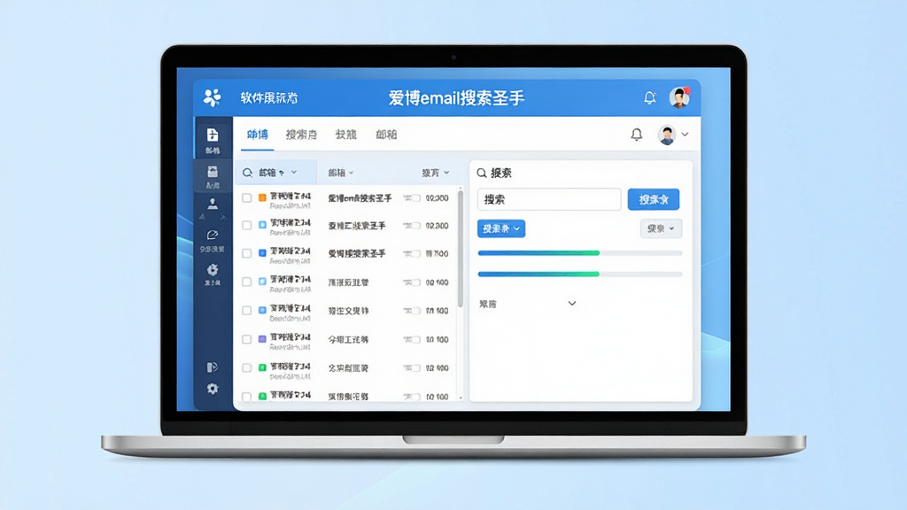 软件全貌展示图,主体为一台打开的笔记本电脑屏幕,屏幕上显示着“爱博email搜索圣手”软件界面,界面中有邮箱列表、搜索按钮和进度条,布局居中,背景为干净的浅蓝色渐变,风格为现代科技感UI风格,细节包括清晰的图标和文字标签,画质高清,干净,无多余元素