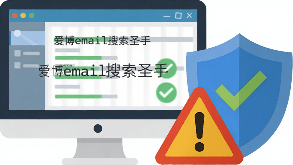 AI生图,主体是一个电脑屏幕显示软件运行状态,旁边有盾牌图标和警告标志,布局为屏幕在左盾牌在右,风格为扁平化安全提示风格,细节包括“爱博email搜索圣手”文字和绿色对勾图标,画质高清,干净,无多余元素