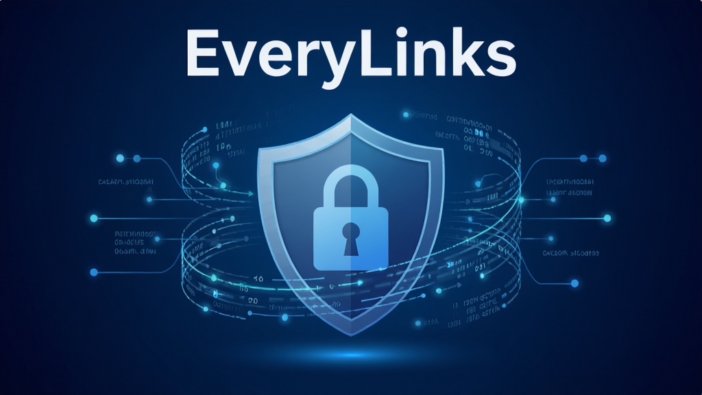 一张展示EveryLinks安全加密功能的示意图,画面中央是一个盾牌图标与锁形图标组合,周围环绕数据流线条,背景为深蓝色渐变,画面中标注