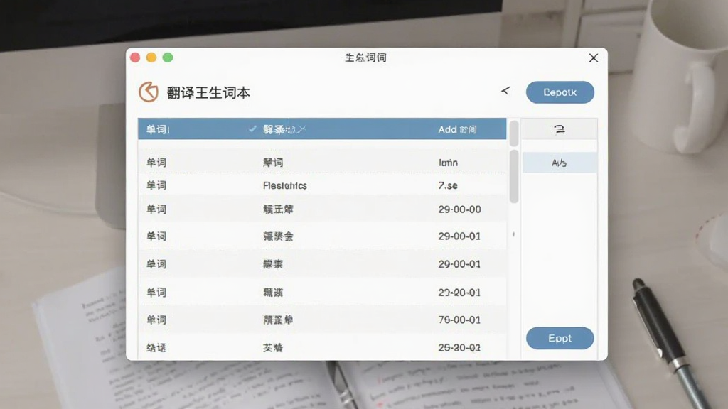 一张英汉翻译王生词本功能界面图,画面中软件窗口显示生词列表,包含单词、释义和添加时间,旁边有导出按钮,背景为学习桌面,风格清新,画质清晰,无多余元素