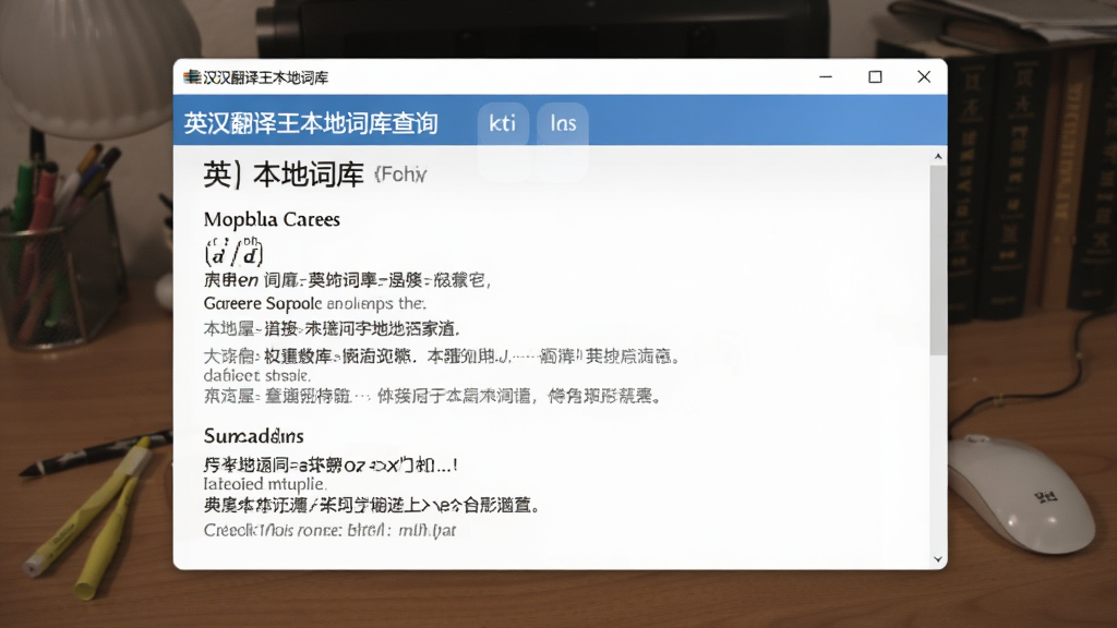 一张展示英汉翻译王本地词库查询功能的图片,画面中软件窗口显示英文单词和详细中文释义,旁边有音标和例句,背景为书桌场景,风格写实,画质清晰,干净无多余元素