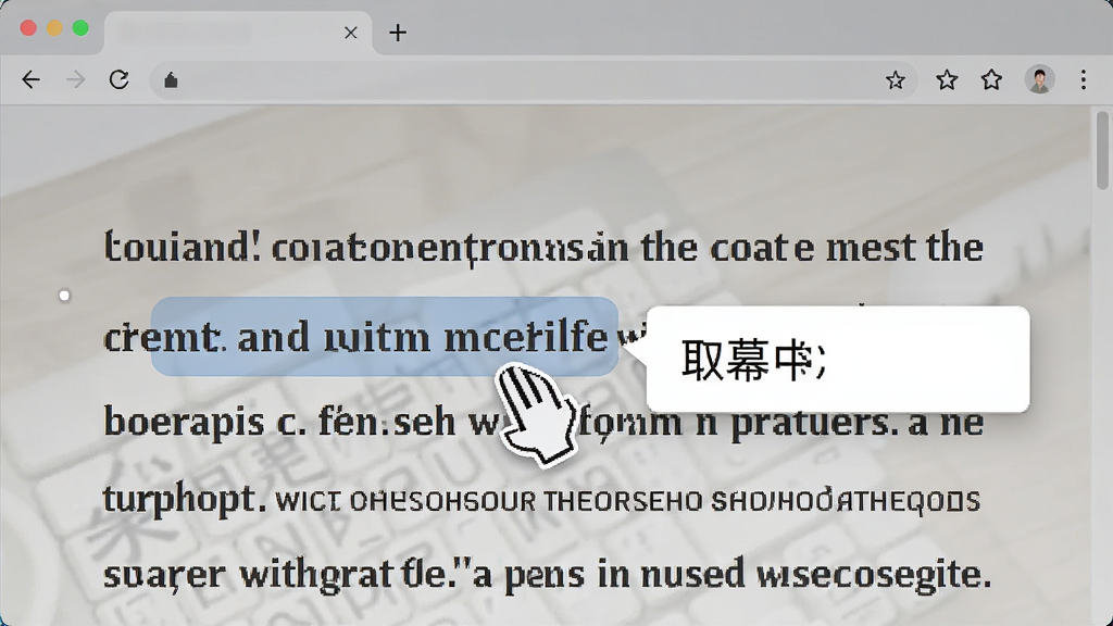 一张展示英汉翻译王屏幕取词功能的图片,画面中鼠标选中网页上的英文单词,旁边弹出翻译小窗口显示中文释义,背景为浏览器阅读界面,风格现代,画质清晰,干净无多余元素