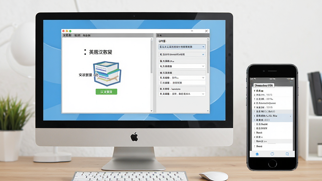 一张英汉翻译王使用教程示意图,画面中电脑屏幕显示软件安装界面和设置选项,旁边有移动端手机展示翻译界面,背景为桌面场景,风格清晰直观,画质干净,无多余元素