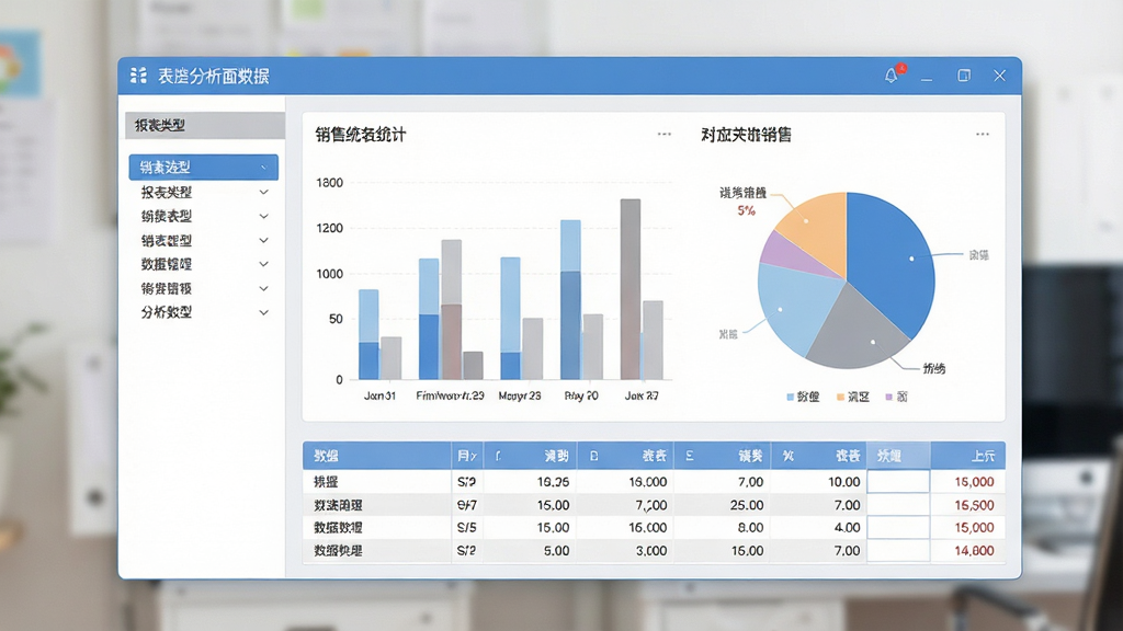 简单进存销软件数据报表分析界面展示图,画面中央为软件窗口,展示柱状图与饼图组合的销售统计报表,左侧有报表类型选择列表,底部有数据表格,整体布局清晰,风格现代简约,配色以蓝白灰为主,图表色彩柔和,细节精致,画质干净,无多余元素
