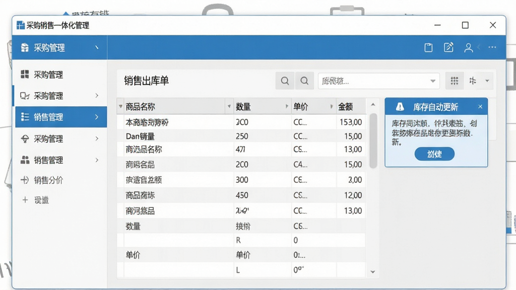 软件界面中采购销售一体化管理功能展示图,画面主体为简单进存销软件的操作窗口,左侧菜单栏高亮显示采购管理与销售管理,主区域展示一张销售出库单表格,包含商品名称、数量、单价、金额等字段,右侧有库存自动更新的提示框,整体布局整洁,风格简约商务,配色蓝白灰,细节清晰,画质干净,无多余元素