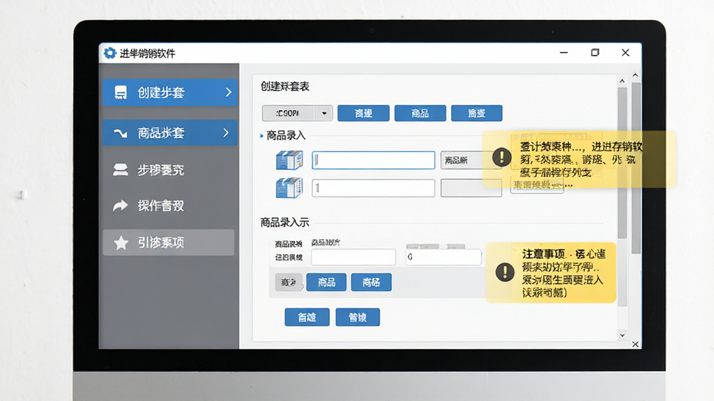 简单进存销软件新手操作引导界面展示图,画面为电脑屏幕上的软件窗口,左侧显示步骤导航,右侧展示创建账套表单与商品录入示例,界面中有高亮提示框标注注意事项,整体布局清晰,风格简约商务,配色蓝白灰,细节包含按钮、输入框与提示图标,画质干净,无多余元素