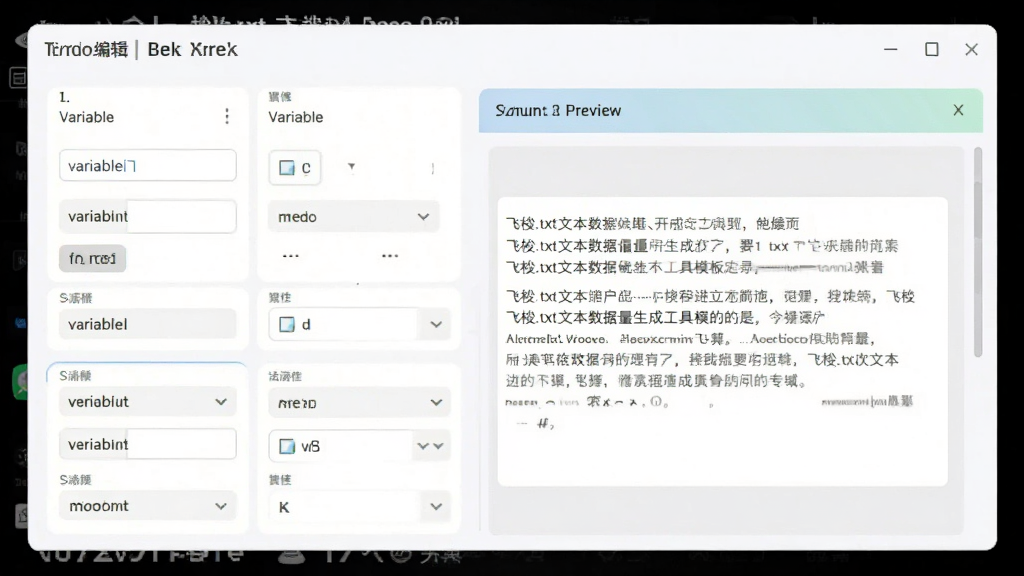飞梭txt文本数据批量生成工具模板定制界面截图,画面展示软件中的模板编辑窗口,窗口中包含多个变量输入框和下拉选项,旁边有实时预览区域显示生成的示例文本,界面采用卡片式布局,配色柔和,画质清晰,无多余元素