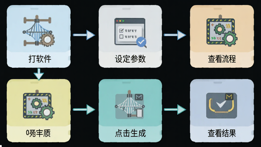 飞梭txt文本数据批量生成工具操作流程图,画面以步骤图形式展示从打开软件、设定参数到点击生成、查看结果的完整流程,每一步配有简洁图标和文字说明,风格扁平化,配色清新,画质清晰,无多余元素