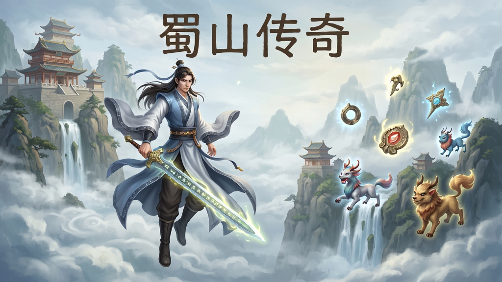 一幅以蜀山传奇为主题的仙侠游戏场景原画,画面主体为一位身着飘逸道袍的剑仙手持发光飞剑悬浮于云海之上,背景是层峦叠嶂的蜀山群峰与古典楼阁,布局采用中心对称构图,主体人物居中偏左,右侧留白处悬浮数件散发光芒的法宝与灵宠,排版上画面顶部以古朴篆体书写“蜀山传奇”四字,风格为国风仙侠数字绘画,细节刻画剑身符文、衣袂飘动、云雾流转与远处飞瀑,画质超清,画面干净,无多余元素
