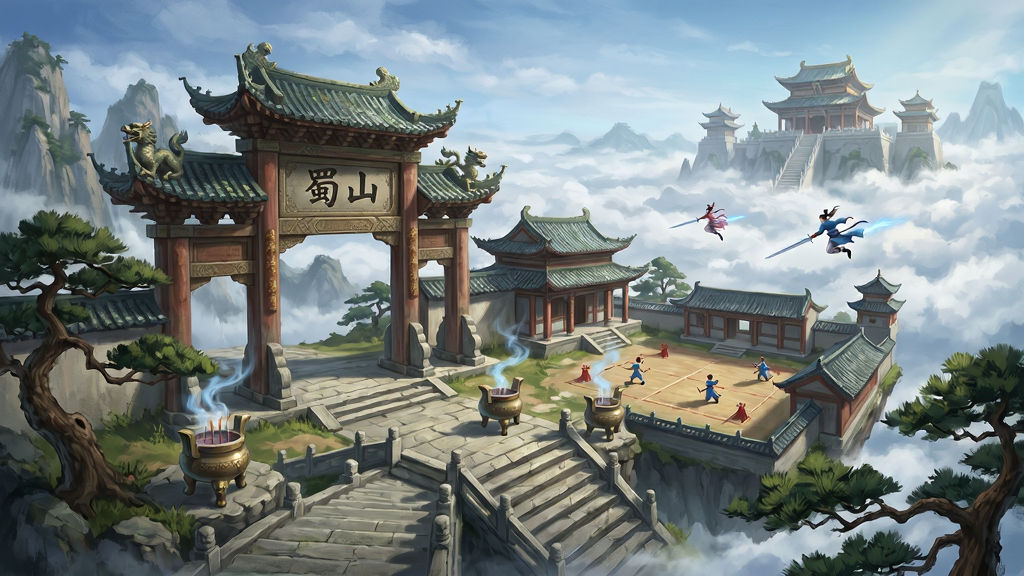 一幅展现蜀山传奇正统仙侠世界观的游戏原画,画面主体为一座悬浮于云端的仙山门派,山门牌坊上刻有“蜀山”二字,布局采用纵向延伸构图,近景为石阶与古松,中景为门派大殿与演武场,远景为缥缈云海与若隐若现的仙宫,风格为国风写实仙侠,细节包括屋檐瑞兽、香炉青烟、弟子御剑飞行,画质细腻,画面干净,无多余元素