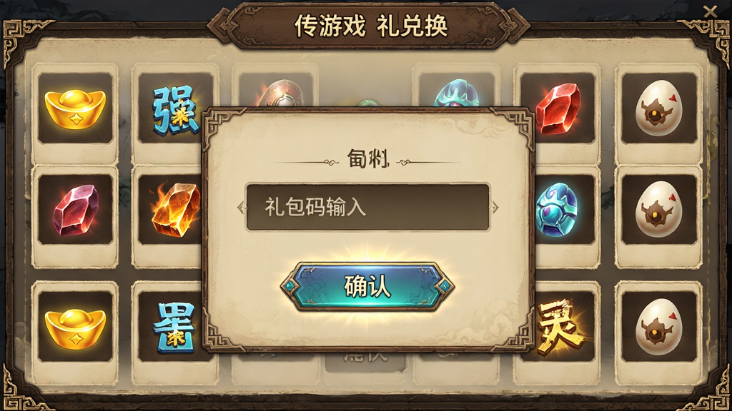 一幅蜀山传奇游戏礼包兑换界面示意图,画面主体为游戏内福利面板,中央为礼包码输入框与确认按钮,周围环绕元宝、强化石、灵宠蛋等奖励图标,布局采用纵向卡片式排版,风格为国风游戏UI设计,细节包括古朴边框纹样、发光按钮、奖励物品的精细图标,画质清晰,画面干净,无多余元素