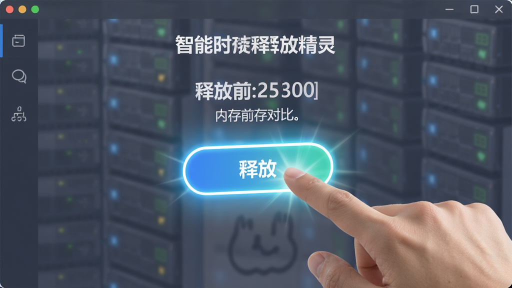 一张展示智能内存释放精灵一键释放操作的图片,画面中一只手点击软件界面上的释放按钮,按钮发出光芒效果,主体为软件操作界面,布局为居中特写,排版突出按钮和释放数值,风格为简洁明快,细节有释放前后的内存对比数字,画质高清,干净,无多余元素