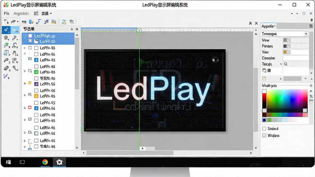 һ��չʾLedPlay��ʾ���༭ϵͳ���������ȫ����ͼ������Ϊ������Ļ�ϴ򿪵����������ڣ����ַ�Ϊ��๤�������м�༭Ԥ�������Ҳ�������壬�Ű��������򣬷��Ϊ�ִ�����UI��ƣ�ϸ�ڰ���LED����Ԥ��Ч������Ŀ���б�����ɫѡ������Ԫ�أ����������ɾ����޶���Ԫ�أ���Ļ�Ͽɼ�