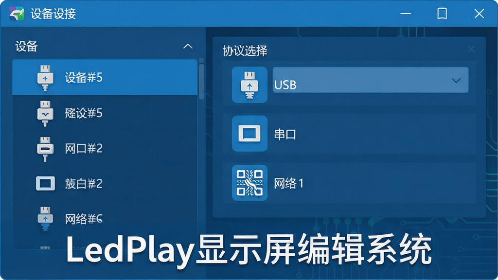 һ��չʾLedPlay��ʾ���༭ϵͳ��Э����ݹ��ܵ�ʾ��ͼ������Ϊ�����������豸����������壬����Ϊ����豸�б����Ҳ�Э��ѡ�������˵����Ű����������Ϊ��ƽ���Ƽ�������ϸ�ڰ���USB�����ڡ������������ӷ�ʽ��ͼ���ʶ�����ʸ��壬�ɾ��޶���Ԫ�أ������б�ע