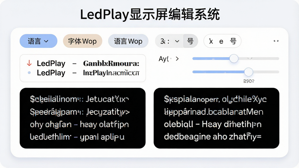 һ��չʾLedPlay��ʾ���༭ϵͳ������֧�ֹ��ܵ�ʾ��ͼ������Ϊ��������������������������Ԥ��Ч��������Ϊ�Ϸ������л���ǩ���·���ͬ��������ʾ�����Ű����룬���Ϊ���Բ����ƣ�ϸ�ڰ�����Ӣ������Աȡ��ֺŵ��ڻ��飬���ʸ��壬�ɾ��޶���Ԫ�أ������б�ע