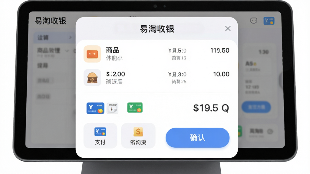 一张展示“易淘收银”收银结算界面的图片,画面中央是结算弹窗,布局为上方商品清单、下方支付方式选择,排版清晰,风格为柔和圆角设计风,细节包括支付图标、金额数字、确认按钮,画质高清,干净,无多余元素