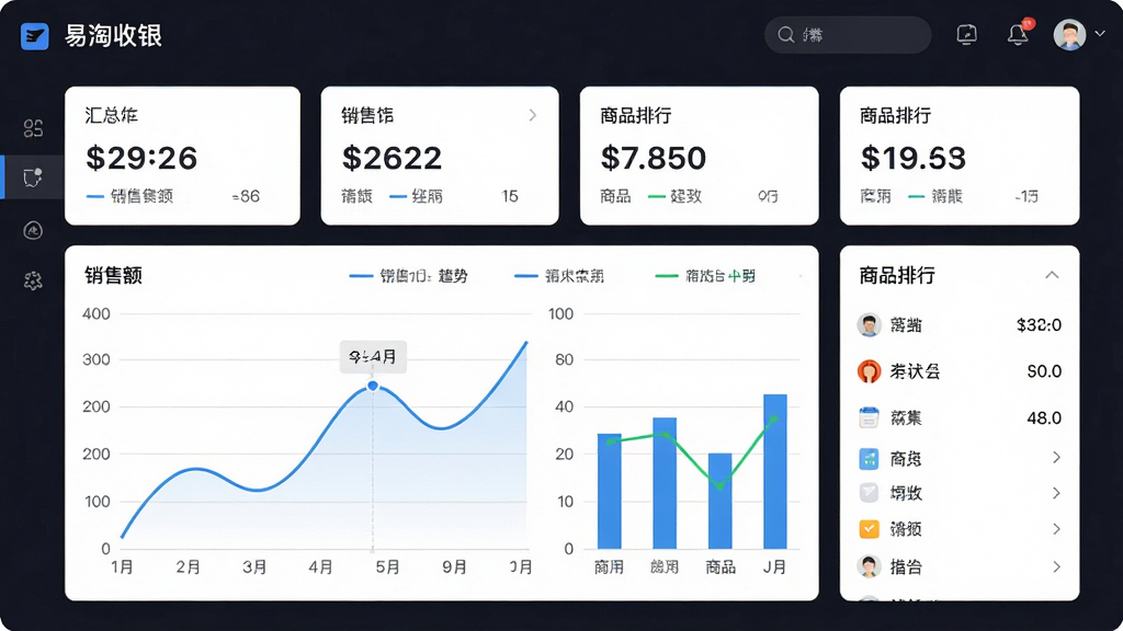 一张展示“易淘收银”经营报表界面的图片,画面中央是数据图表看板,布局为上方汇总卡片、下方折线图和柱状图,排版清晰,风格为简约商务风,细节包括销售额数字、趋势曲线、商品排行列表,画质高清,干净,无多余元素