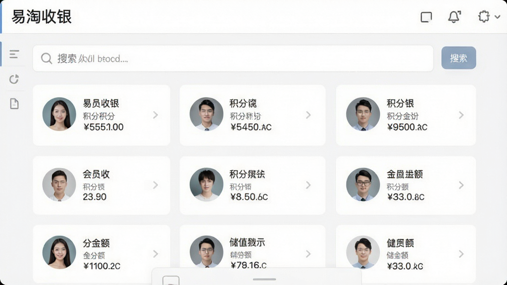 一张展示“易淘收银”会员管理界面的图片,画面主体是会员信息卡片列表,布局为上方搜索栏、下方会员卡片网格,排版整齐,风格为素雅极简风,细节包括会员头像、积分数字、储值金额,画质高清,干净,无多余元素
