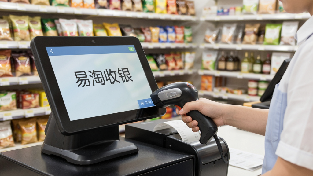 一张展示“易淘收银”在收银机上正常运行的场景图,画面主体是收银员操作收银机,布局为前景收银机屏幕、背景货架,排版自然,风格为真实场景摄影风,细节包括扫码枪、小票打印机、商品货架,画质高清,干净,无多余元素