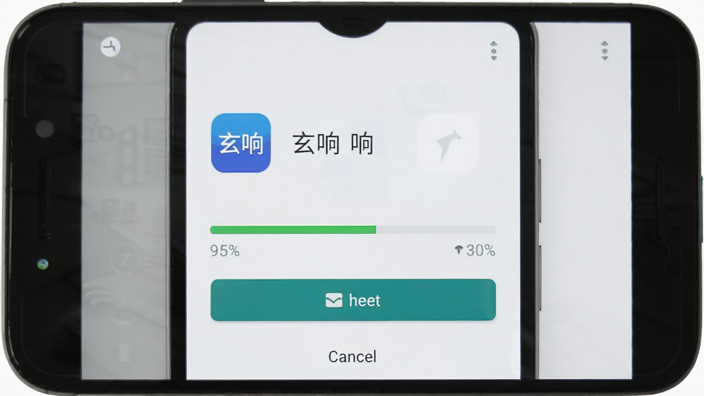 一部安卓手机屏幕上显示“玄响”应用正在安装的进度界面,主体为手机与安装进度条,布局为手机居中特写,排版突出进度条与安装按钮,风格为清爽简约的扁平化UI风格,细节包括安装图标、进度百分比、取消按钮等,画质清晰,画面干净,无多余元素