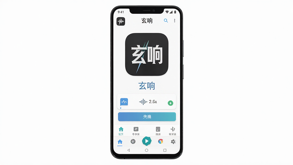 一张以“玄响”软件为主题的安卓应用界面展示图,主体为手机屏幕中呈现玄响应用的主页面布局,布局采用居中构图,手机直立放置于画面中央,排版简洁清晰,风格为现代科技感扁平化设计,细节包括应用图标、功能按钮、导航栏等元素,画质高清,画面干净,无多余元素