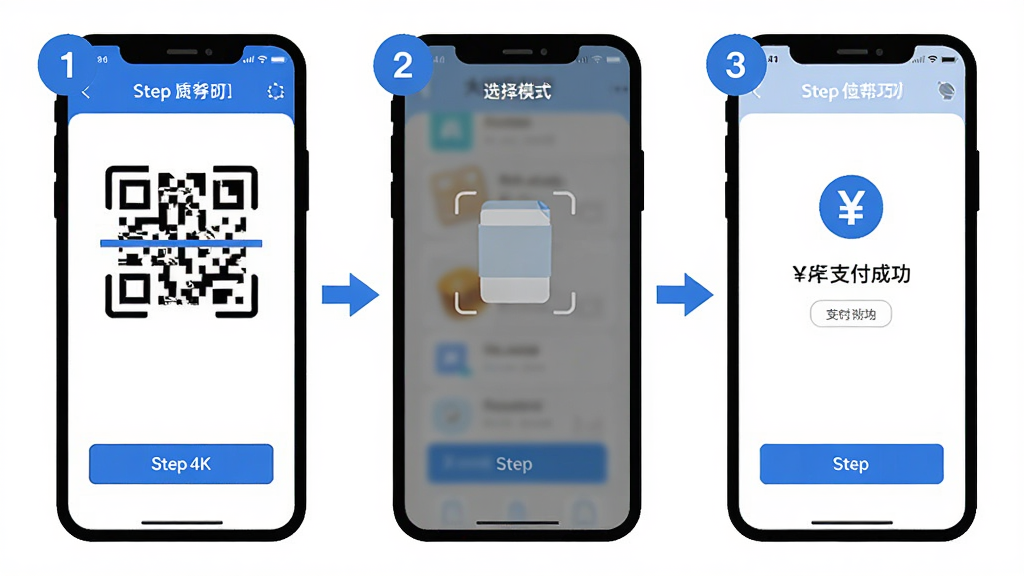 大白U帮应用在手机上的操作流程示意图,画面从左到右依次展示扫码、选择模式、支付成功三个步骤的手机界面,主体为三部并排的手机,布局为横向流程排版,风格为扁平化教程插画,细节包括箭头引导、步骤编号、蓝色主色调按钮,画质为高清4K,干净,无多余元素