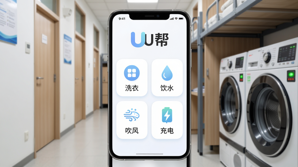 手机屏幕中央展示大白U帮应用主界面,界面中清晰排列洗衣、饮水、吹风、充电四个功能入口图标,背景为整洁的大学宿舍走廊与洗衣机设备实景,主体突出手机与界面,布局采用居中构图,排版简洁有序,风格为现代扁平化科技风,细节包括柔和的蓝色渐变按钮、圆角卡片、设备状态指示灯,画质为高清4K,画面干净,无多余元素