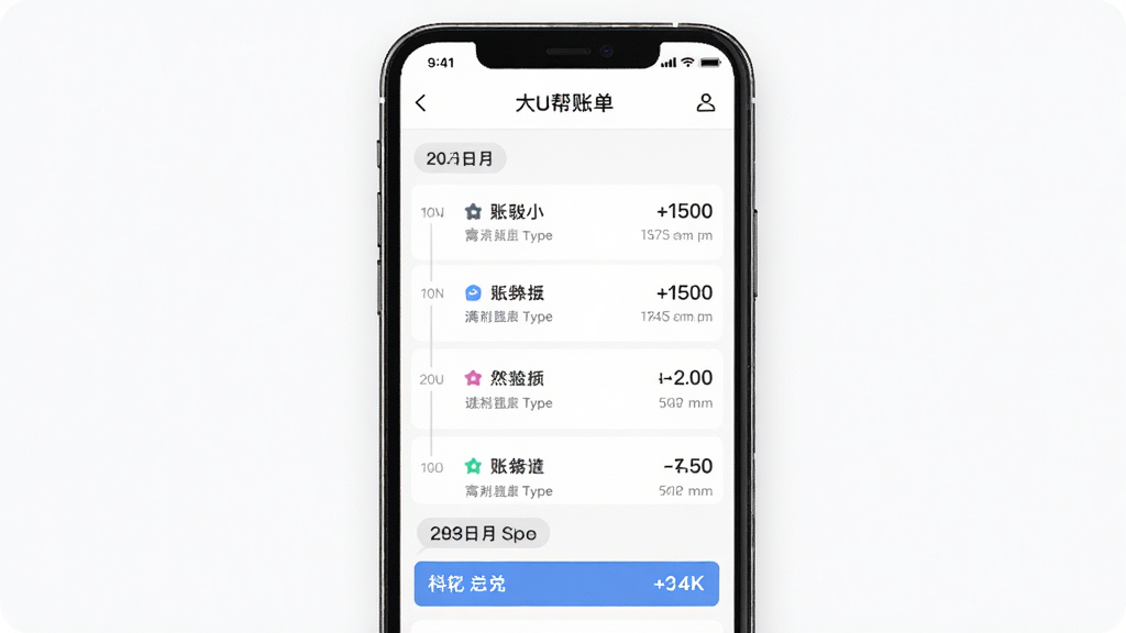 大白U帮消费账单页面,手机屏幕显示按日期排列的消费记录列表,主体为手机与账单界面,布局为纵向时间轴排版,风格为简约商务风,细节包括金额数字、消费类型图标、日期分组标签、汇总统计栏,画质为高清4K,干净,无多余元素