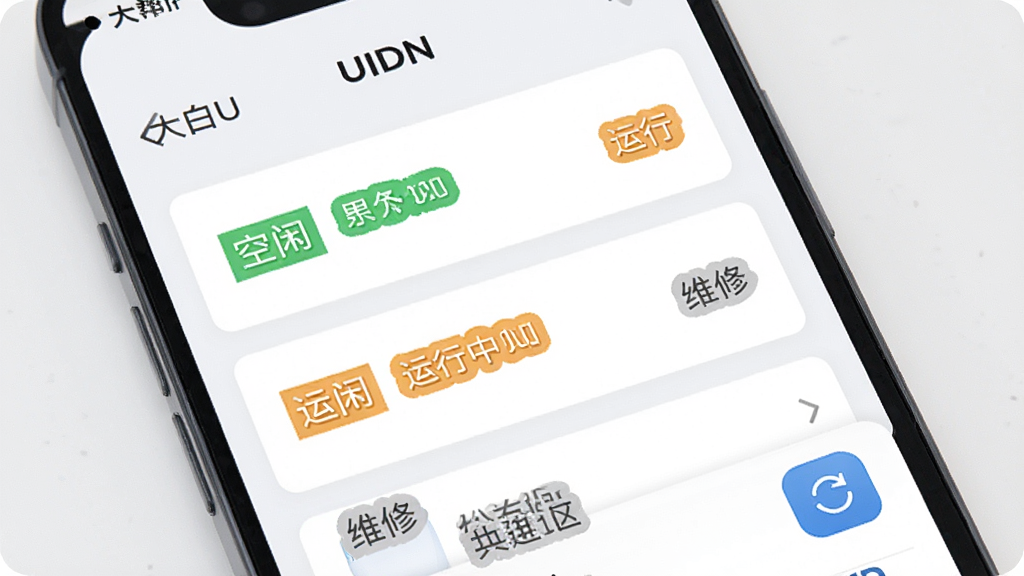 大白U帮应用内的设备状态列表界面,屏幕上以卡片形式展示多台洗衣机的空闲与运行状态,主体为手机界面,布局为纵向列表排版,风格为清爽浅色UI设计,细节包括绿色空闲标签、橙色运行中标签、灰色维修标签、刷新按钮,画质为高清4K,干净,无多余元素