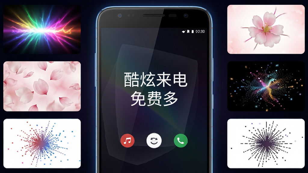 一部安卓手机屏幕亮起,画面中央展示“酷炫来电免费多”来电秀界面,周围环绕多种风格各异的来电动画缩略图,包括炫彩光效、唯美花瓣、动感粒子等元素,布局采用中心突出、四周环绕的排版方式,整体风格科技感与时尚感兼具,细节上手机边框有微光反射,背景为深色渐变,画质高清,画面干净,无多余元素