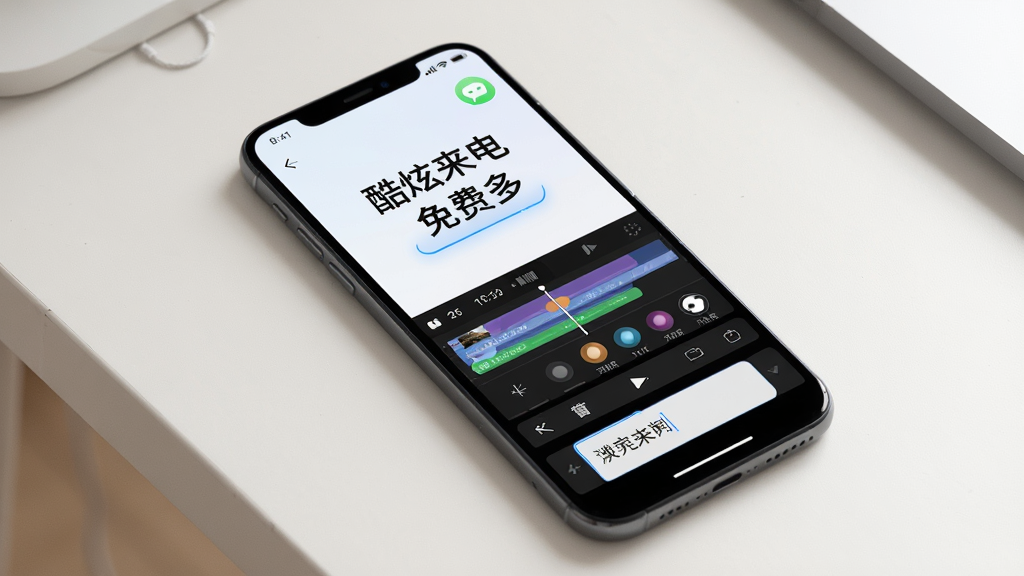 一部手机放置在桌面上,屏幕显示“酷炫来电免费多”的DIY编辑界面,画面中有视频时间轴、滤镜选项和文字输入框等编辑元素,布局采用上下分区结构,风格简洁现代,细节上编辑区域有高亮选中效果,背景为浅色,画质高清,画面干净,无多余元素