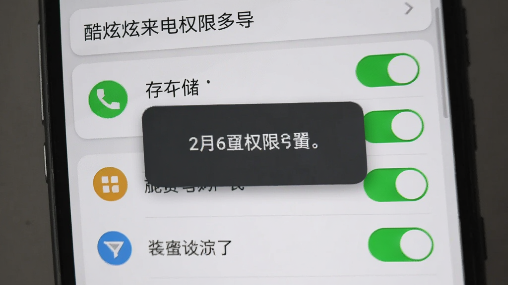 一部安卓手机显示“酷炫来电免费多”的权限设置引导页面,画面中有悬浮窗、电话、存储等权限开关图标,布局采用列表式排列,风格简洁明了,细节上开关按钮有绿色高亮状态,背景为浅灰色,画质高清,画面干净,无多余元素