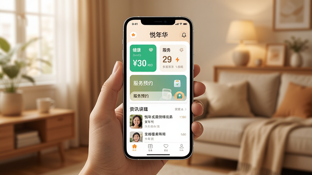 画面主体为一款智能手机,屏幕中显示着“悦年华”APP的首页界面,界面布局包含健康数据卡片、服务预约入口与资讯列表,背景为温馨的家居环境,暖色调,排版清晰,风格写实柔和,细节丰富,画质高清,干净,无多余元素