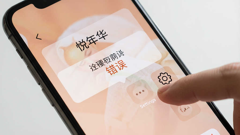 手机屏幕显示“悦年华”应用出现错误提示,旁边有手指正在点击设置图标,画面简洁,构图清晰,风格写实,细节真实,画质高清,干净,无多余元素