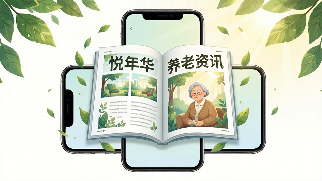 一本翻开的电子杂志悬浮在手机屏幕上方,杂志页面上写着“悦年华养老资讯”,周围环绕着树叶和阳光,布局对称,风格清新插画,细节精致,画质高清,干净,无多余元素
