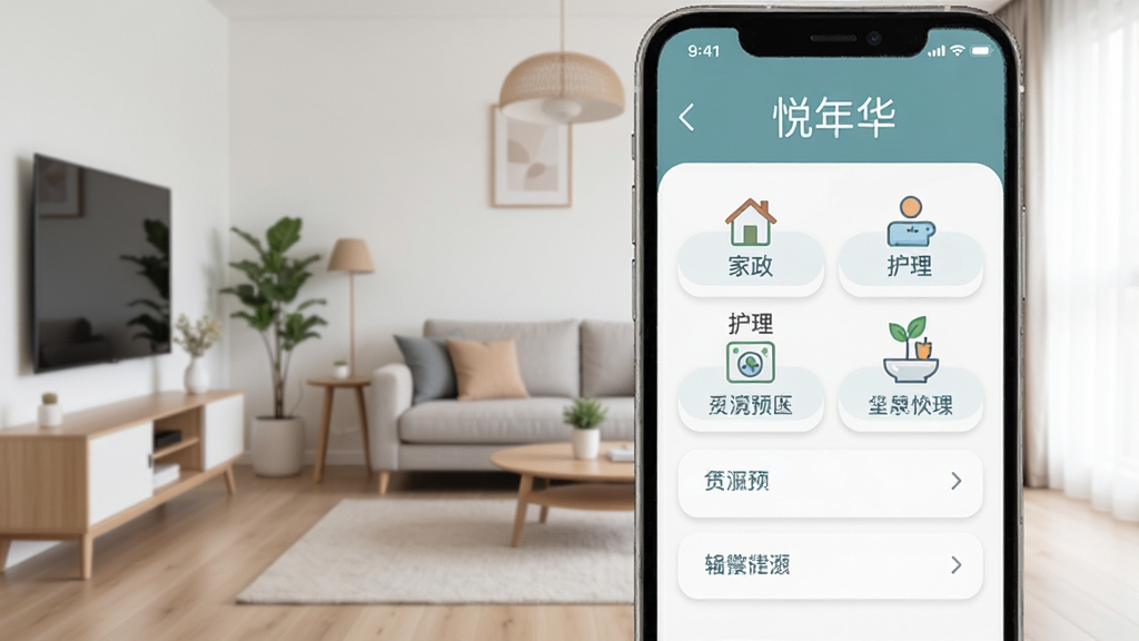 手机屏幕显示“悦年华”服务预约界面,界面中有家政、护理等图标按钮,背景是整洁的居家环境,构图简洁,风格现代扁平化,细节清晰,画质高清,干净,无多余元素