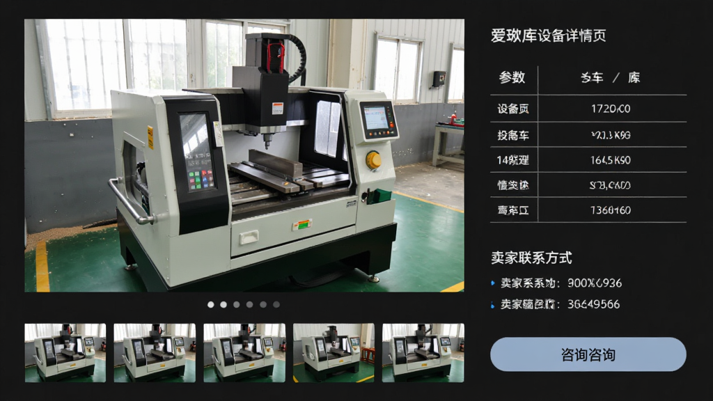 �������豸����ҳ���ֻ���Ļ����չʾһ̨��������ľ��������ʵ�Ĵ�ͼ���·����ж�������ͼ���Ҳ��ע�豸������������ϵ��ʽ������Ϊ���½ṹ���Ű���Ϣ�㼶���������Ϊ��๤ҵ�磬ϸ�ڰ���ͼƬ�ֲ�ָʾ�㡢����������������ѯ��ť�����ʸ��塢�ɾ����޶���Ԫ��