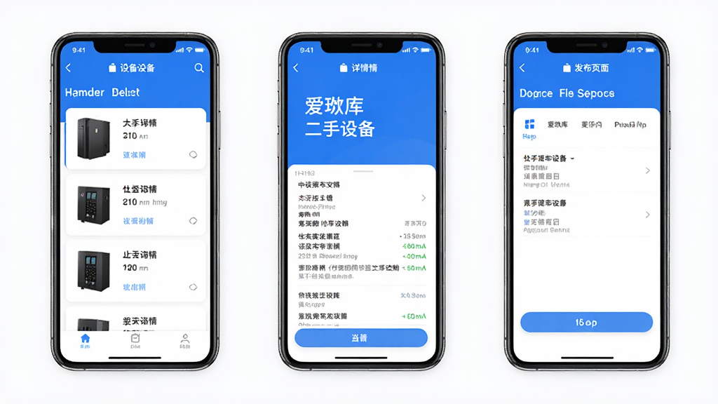 ����������豸App���ֻ��ϵĶ�ҳ��չʾ�����Ϊ�豸�б�ҳ���м�Ϊ����ҳ���Ҳ�Ϊ����ҳ�棬�����ֻ��������У�����Ϊ����չʾ���Ű����룬���Ϊ�ִ��Ƽ���Ʒչʾ�磬ϸ�ڰ�����ɫ����ɫ�������Ľ���Ԫ�ء��豸����ͼ�����ʸ��塢�ɾ����޶���Ԫ��