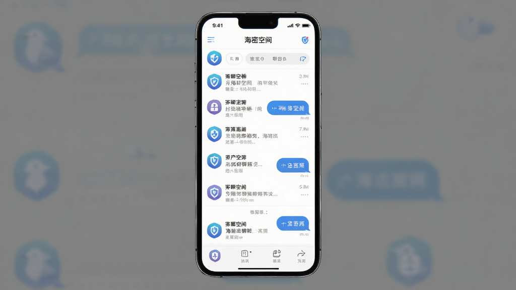 海鸥群聊空间软件主界面全貌展示,主体为一个现代简约风格的手机屏幕,屏幕内显示海鸥群聊空间应用界面,包含群聊列表和加密标识,布局为居中构图,排版清晰,风格为扁平化科技风,细节包括蓝色渐变图标、聊天气泡、盾牌加密符号,画质高清,干净,无多余元素