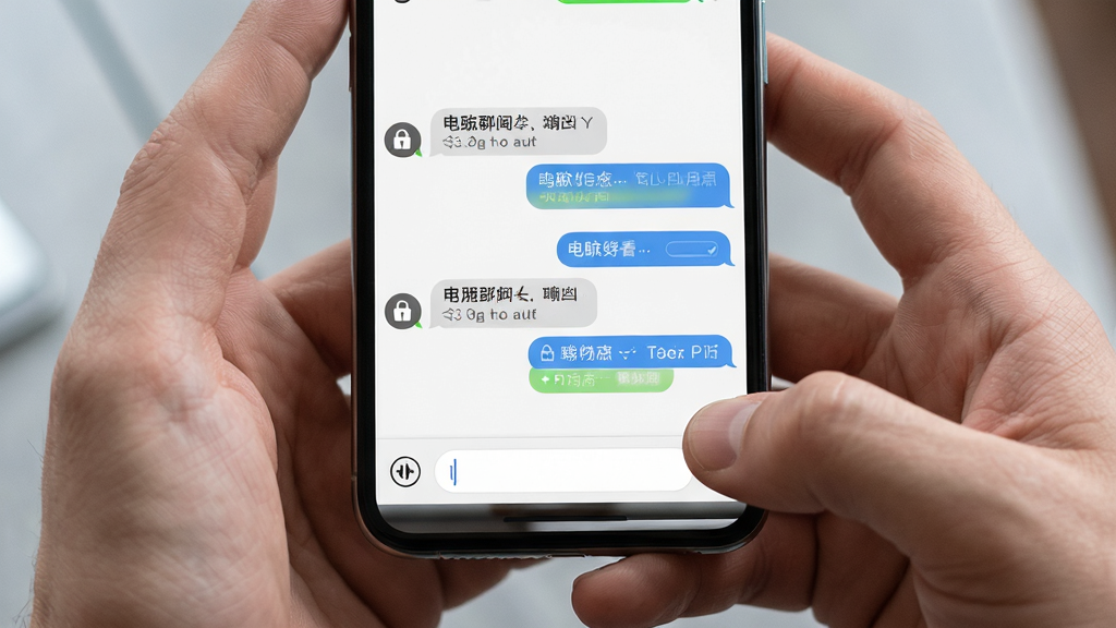 海鸥群聊空间手机端操作界面截图,主体为双手持手机展示群聊对话页面,布局为居中特写,排版简洁,风格为写实科技风,细节包括加密锁图标、消息气泡、底部输入栏,画质高清,干净,无多余元素