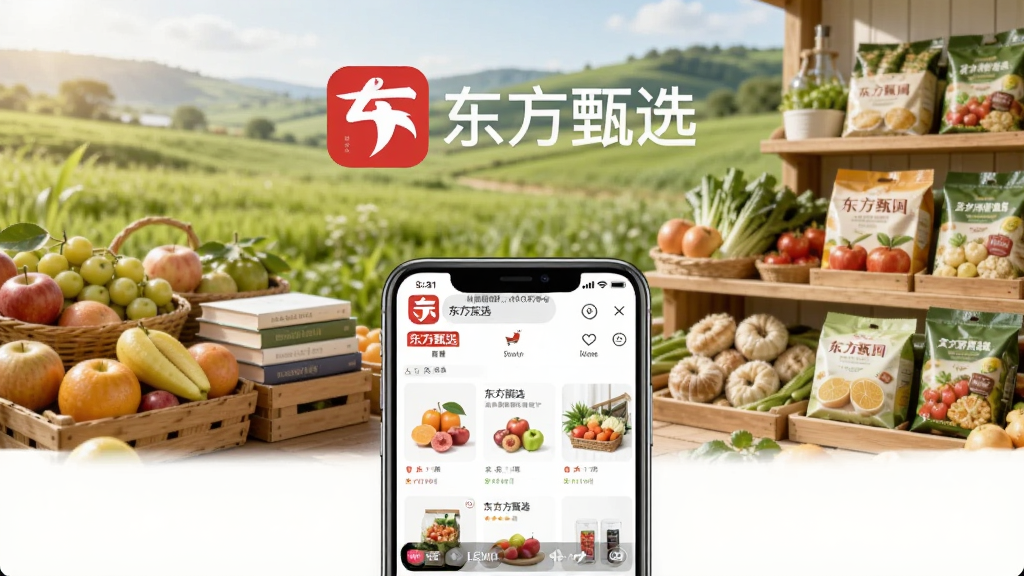 ���������Ƕ�����ѡApp��ͼ�����ֻ�����չʾ������Ϊ���µ���԰�����ũ��Ʒ���ܣ����ֲ������½ṹ���Ϸ�ΪƷ��Logo����������ѡ�����·�Ϊ�ֻ���Ļչʾ��Ʒ�б���ֱ�����棬���Ϊ�ִ���Լ���̷磬ϸ�ڰ�������ˮ�����鼮����װʳƷ��Ԫ�أ����ʸ��壬�ɾ����޶���Ԫ��