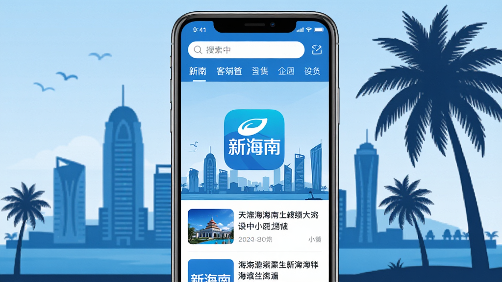 手机屏幕展示新海南客户端首页,页面呈现蓝色调新闻资讯列表,顶部有搜索栏与频道导航,画面中央显示