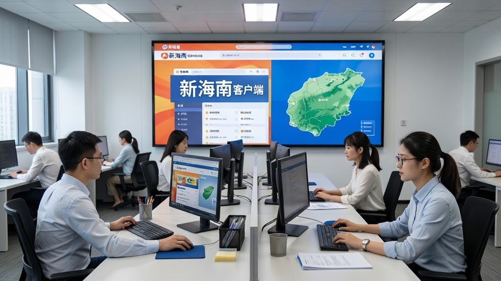 新闻编辑室场景,多位编辑坐在电脑前忙碌工作,大屏幕上显示