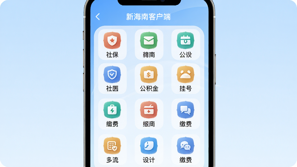 手机界面展示新海南客户端便民服务页面,网格状图标排列整齐,包含社保、公积金、挂号、缴费等功能入口,背景为淡蓝色渐变,画面布局为竖版手机屏幕,风格清新简洁,细节清晰,画质干净,无多余元素