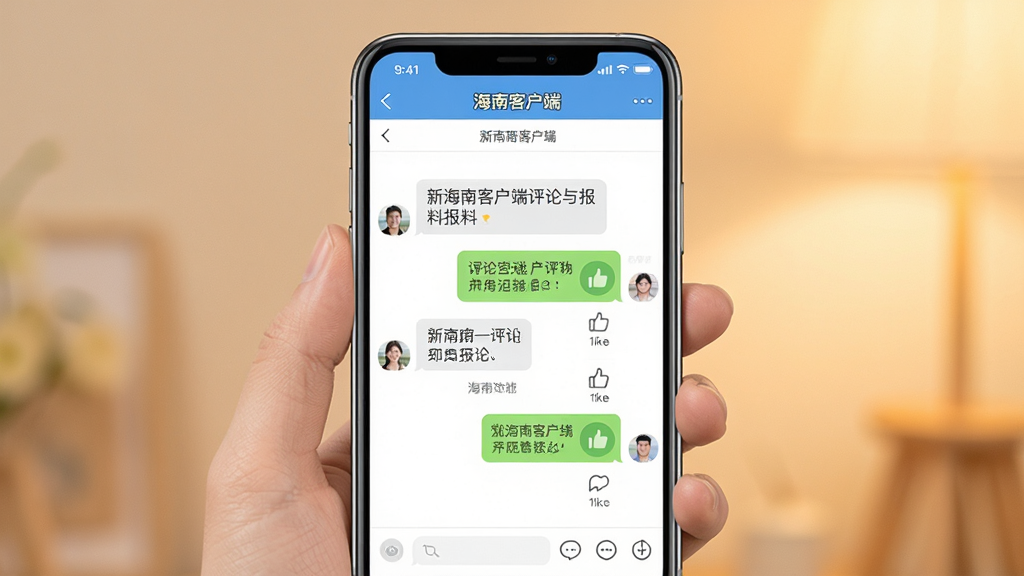 手机聊天互动界面,展示新海南客户端评论与报料功能,画面中有对话气泡与点赞图标,背景为柔和暖色调,布局为竖版手机展示,风格亲切自然,细节清晰,画质干净,无多余元素