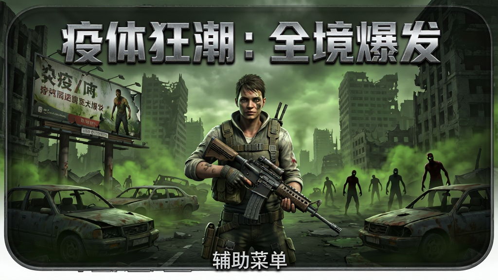 画面主体为一款末日生存射击游戏的启动界面,中央是手持武器的幸存者角色,背景为破败的城市废墟与弥漫的绿色毒雾,布局采用竖版手机屏幕比例,上方用金属质感字体写着“疫体狂潮:全境爆发”,下方小字标注“辅助菜单”,排版简洁清晰,风格为写实末日科幻风,细节包括破损的广告牌、废弃车辆、远处游荡的感染者剪影,画质为高清游戏宣传图,干净,无多余元素
