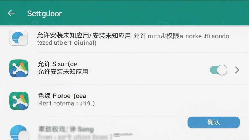 一部安卓手机屏幕显示游戏安装权限设置界面,主体为“允许安装未知应用”的开关按钮,布局为手机设置页面的标准列表样式,风格为简洁扁平化UI,细节包括权限说明文字、应用图标、确认按钮,画质清晰,干净,无多余元素